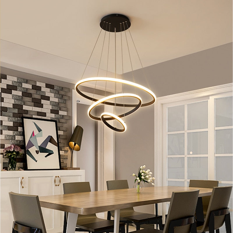 LED Rings Pendant Lamp: Black Chandelier for Living & Dining Room